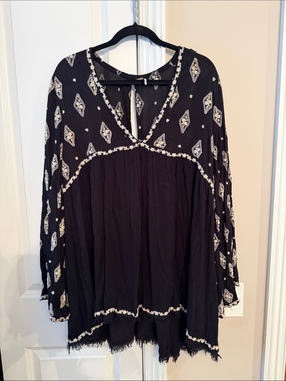 Free People Black Embroidered Boho Peasant Top